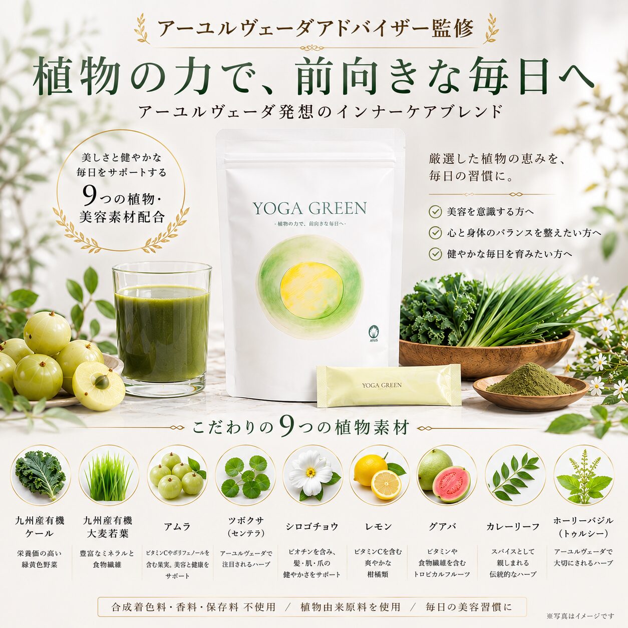 YOGA GREEN-ヨガグリーン-1日1包で美肌・美髪を徹底サポート!お悩み例【疲労感・たるみ・毛穴の開き・シワ・髪質・抜け毛・切れ毛】